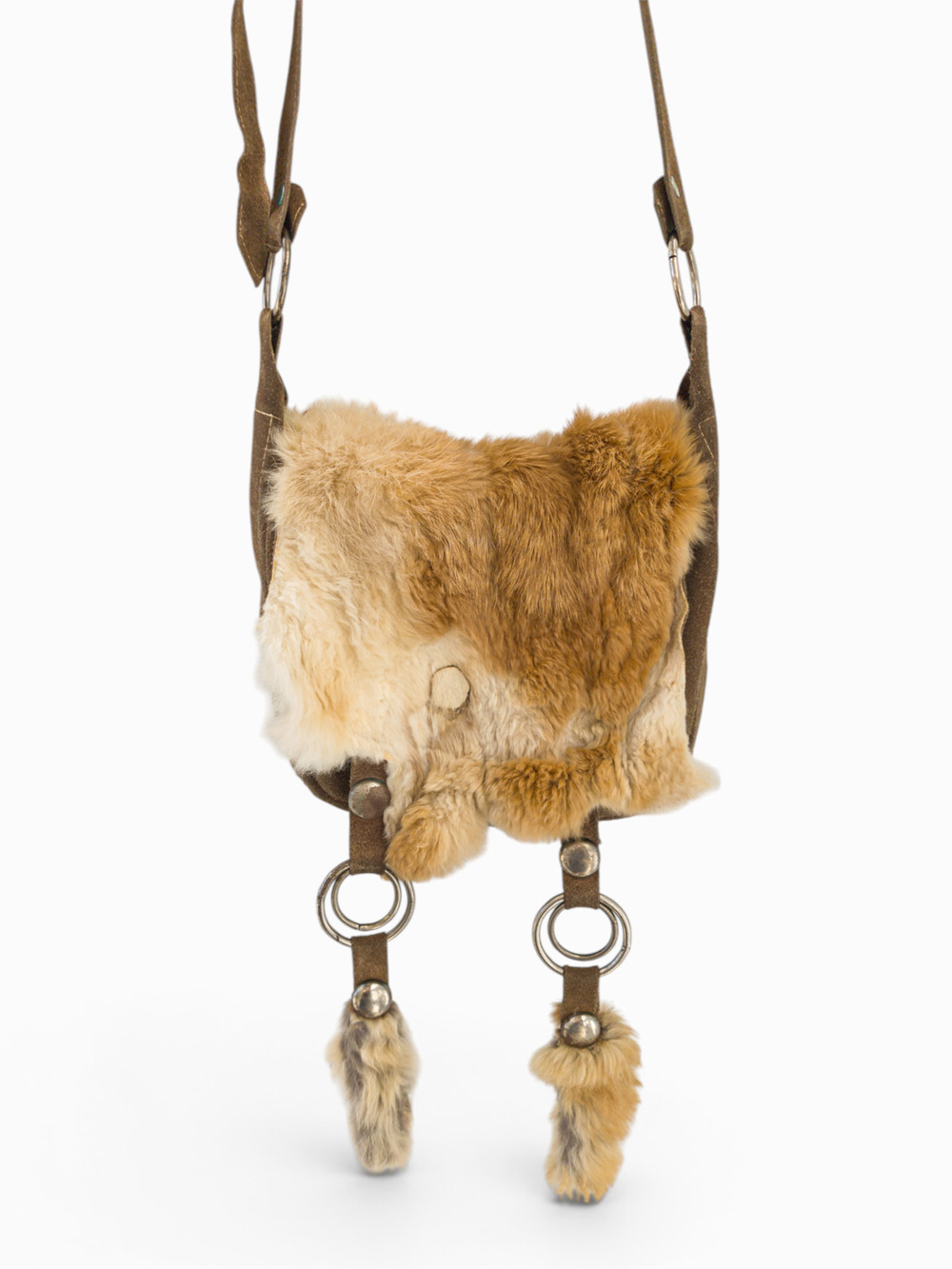 Vintage Mexican Suede & Rabbit Fur Crossbody Bag, Handmade Boho Saddle